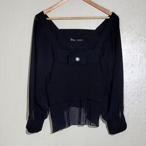 Zara Black Bow Tie Jeweled Blouse